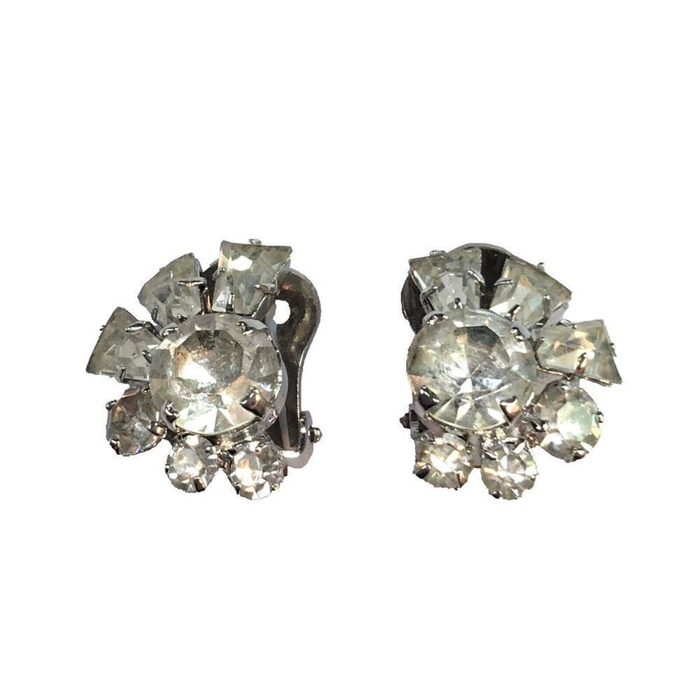 Vintage Austrian Crystal Clip On Earrings Silver Tone Clear Rhinestones Signed